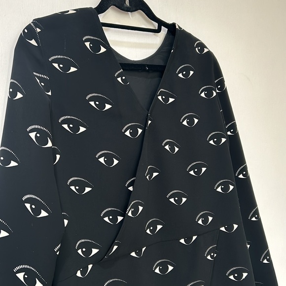 KENZO PARIS WOMENS MIDI DRESS EYE PATTERNS BLACK RED LONG SLEEVE Sz 40 - Picture 8 of 16